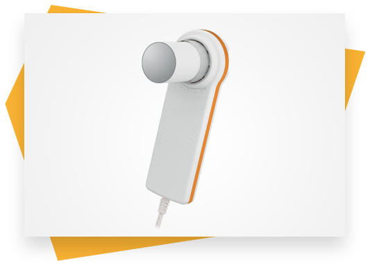 Close up image of a MiniSpir professional spirometer on a white and orange abstract background.
