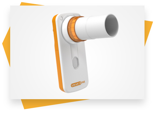 An angled photo of a Smart One personal spirometer with an abstract orange background graphic.