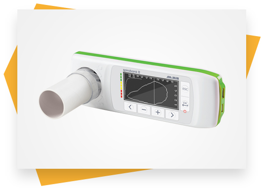 Close up photo of Spirobank II Basic professional spirometer on a white and orange abstract background.