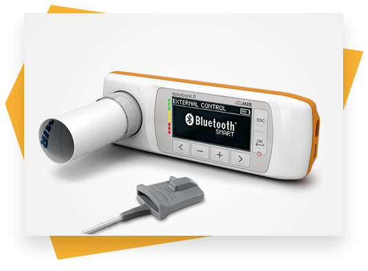 Close-up image of Spirobank II Smart professional spirometer on a white and orange abstract background.