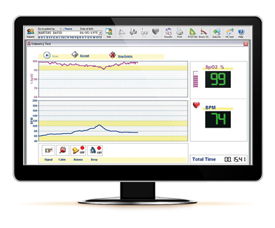 A computer screen using the WinSpiroPro software, showing two charts tracking BPM and SpO2.