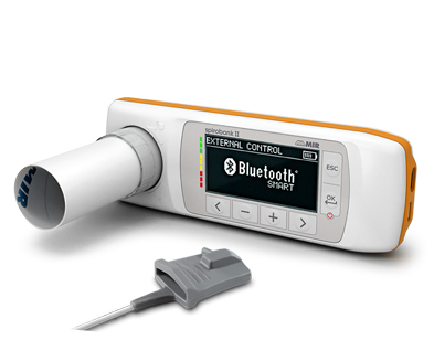 Spirobank II Smart professional spirometer on a white background with finger probe (optional).